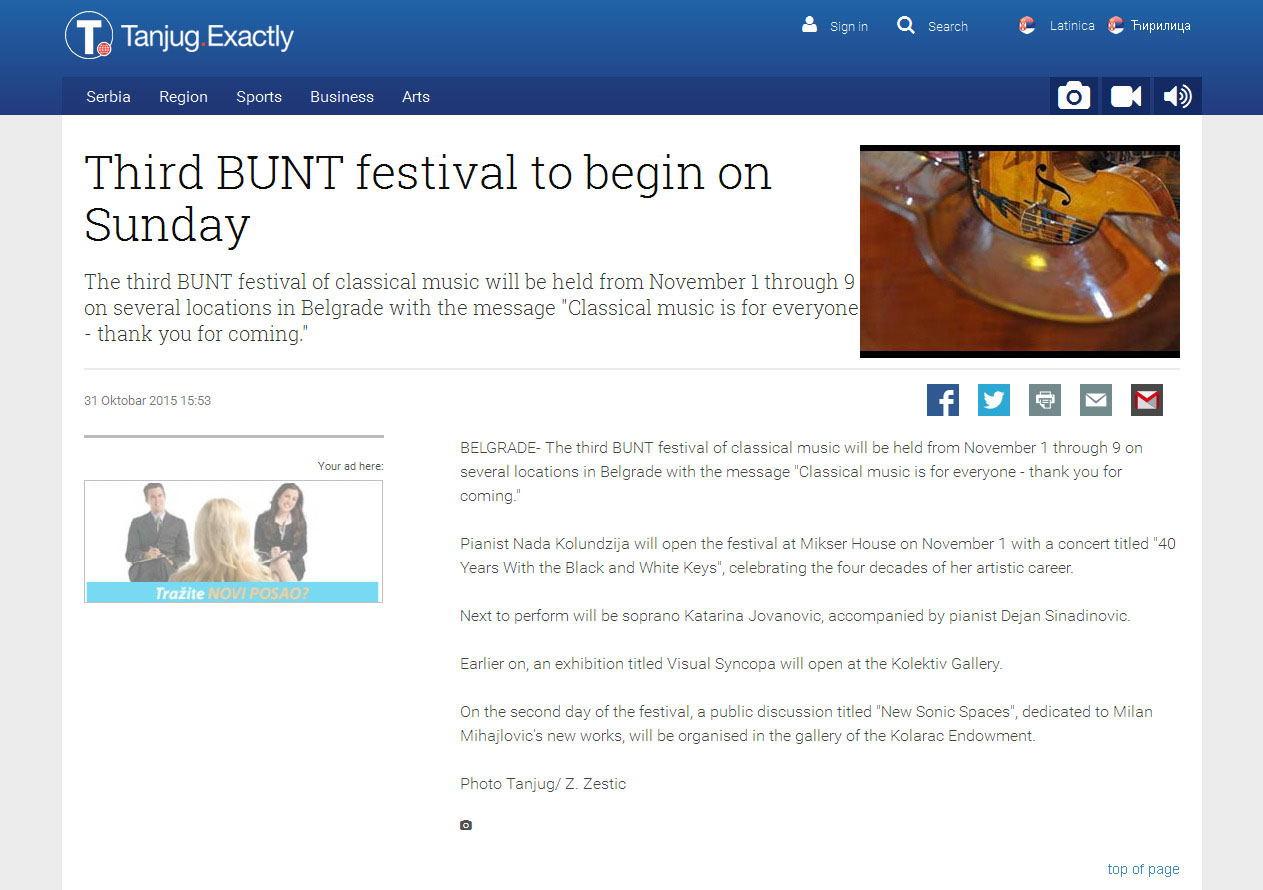 3110 - tanjug.rs - Third BUNT festival to begin on Sunday